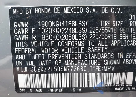 2025 Honda Hr-V Awd Sport z USA, uszkodzony, nr VIN 3CZRZ2H50SM772680